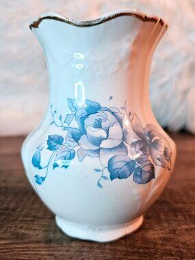 Antique Anchor Pottery 4.75” Small White Porcelain Vase with Blue Roses